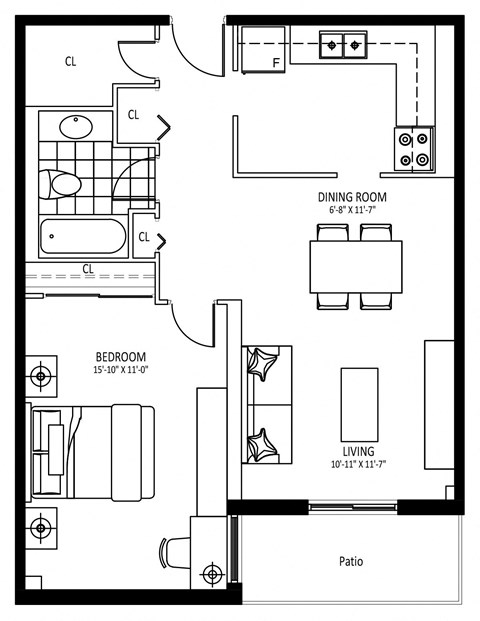 Floor plan for 1 bed, 1 bath, 712 sqft
